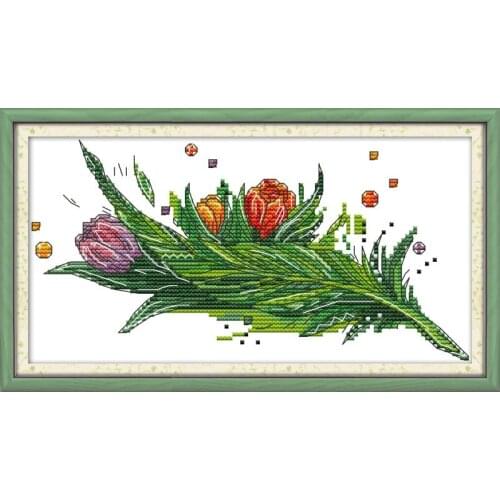 Joy Sunday Cross Stitch Kit A Bunch of Tulips Cotton Thread Painting 11CT14CT DMS Cross Stitch DIY Embroidery Needlework Kits