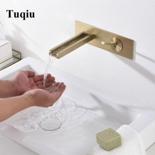 Brush Gold Wall Mounted Basin Faucet Single Handle Bathroom Mixer Tap Hot Cold Sink Faucet Square Spout basin faucet