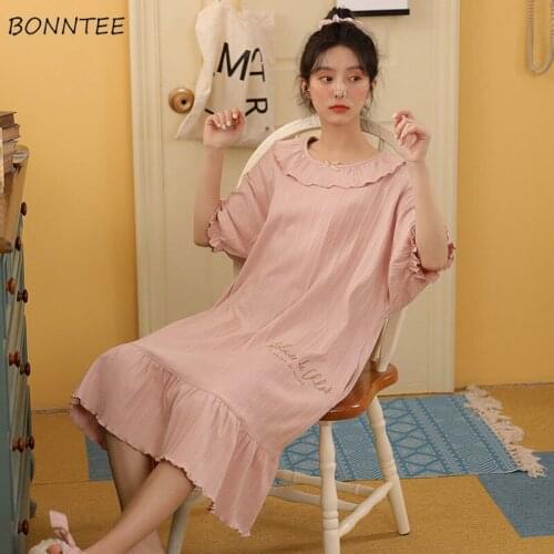 Nightgowns Women Ruffles Homewear Solid Leisure Simple Kawaii Summer Korean Style Sweet O-neck Soft Sleepwear Female Chic Ins