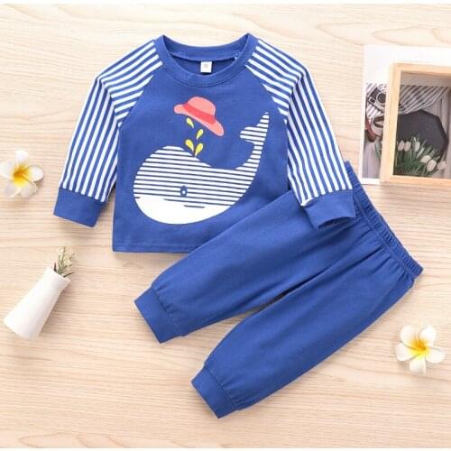 New Fashion Clothes Baby Boy Clothes Set 2 Pcs Striped Dolphin Patchwork Long Sleeve Tops+trousers Soft Sport Kids Clothes 0-18M