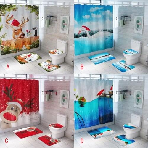 Christmas Elk Printed Bathroom Waterproof Shower Curtain Pedestal Rug Lid Carpet Toilet Cover Set Bath Curtain Mat Set 180*180cm