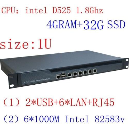 1u firewall Rack Ears Firewall Hardware with D525 Processor 6 Ethenet Ports 4GB Ram 32GB SSD Support ROS Mikrotik PFSense