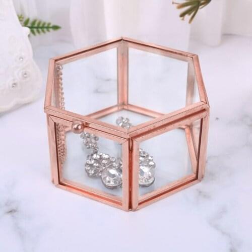Hexagon Transparent Rose Gold Glass Jewelry Box Organizer Home Decorative Box for Storage Trinket Ring Earring