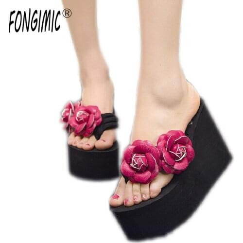 Fongimic Flip Flop New Summer Sweet Flowers Wedges Flip Flops Beach Seaside Home Women Holiday Slippers High End Non-slip Shoes