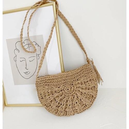 2021 Summer Vacation Half Round Straw Bag Women Handmade Woven Shoulder Bag Tassel circle Rattan bags Bohemian Beach Bags