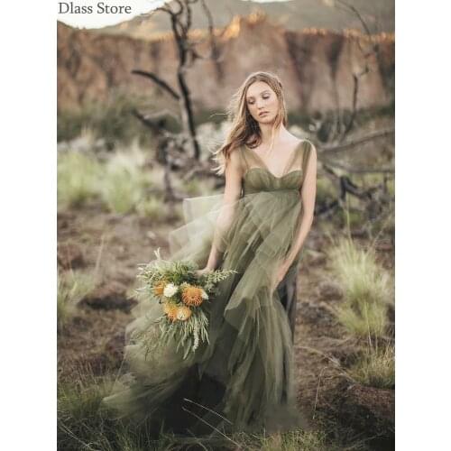 Dark Green Prom Dress For Photography Shoot A-line Simple Tulle V-neck Tiered High Low Evening Dress robe de soirée de mariage