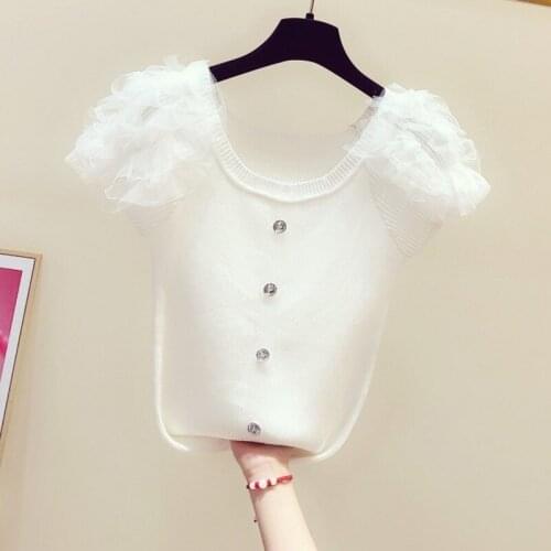 Knitted Tshirt for Women Summer Wear New Elegant Gauze Flounced Joint Crew Neck Short Sleeve Knitted Shirt Womens Slim Fit Tee