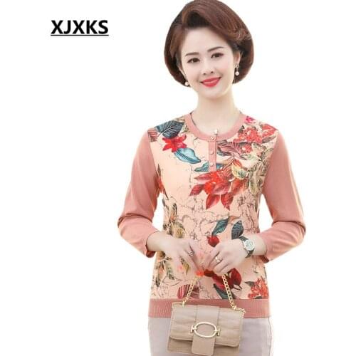 XJXKS Spring Women Sweaters And Pullovers Print 7/10 Sleeve Knit Wool Sweater Thin Casual Tops Jumper Female Plus Size Pullover