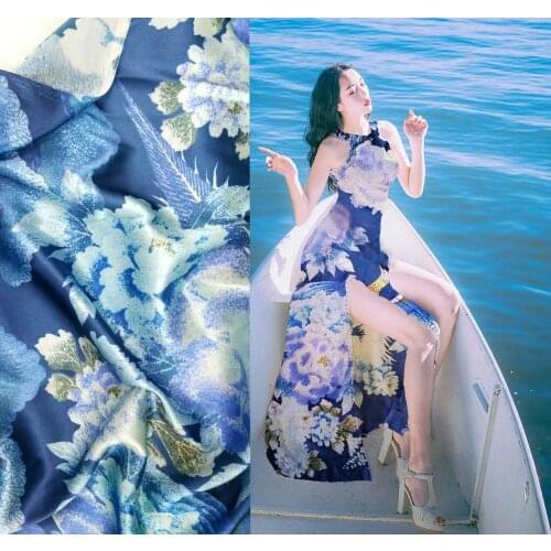 High quality blue 97% mulberry silk fabric 3% stretch satin fabric scrapbooking flowers prints haute couture fabrics wholesale