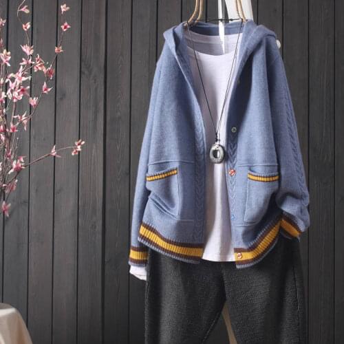 Jacket womens 2021 autumn new knitted cardigan pocket long sleeve hooded button sweater outer top