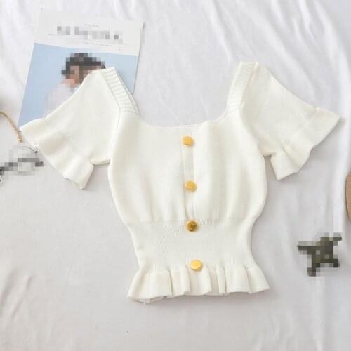 G1263 2020 summer new women fashion slim short section one word collar button short sleeve T-shirt cheap wholesale