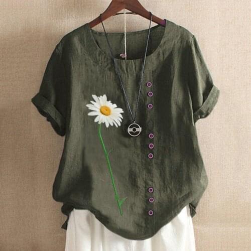 Plus Size Half Sleeve Women Blouses 2021 Fashion Flower Print O-Neck Linen Woman Shirt Button Shirt Summer Top Kawaii Shirt