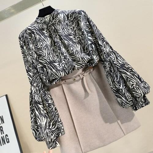 2021 new retro loose and thin lantern sleeve stand-up collar zebra print chiffon shirt women western style shirt