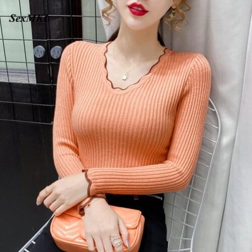 Women Long Sleeve Pullovers 2020 Fashion Korean Slim Sexy Knitted Winter Basic Sweaters Clothes Elegant Office Ladies Tops Black