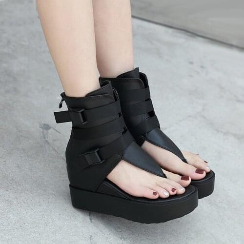Womans Sandals Casual Wedges Sandals Women Thong Roman Shoes High-Top Gladiator Sandals Punk Buckle Summer Boots Black Sandals