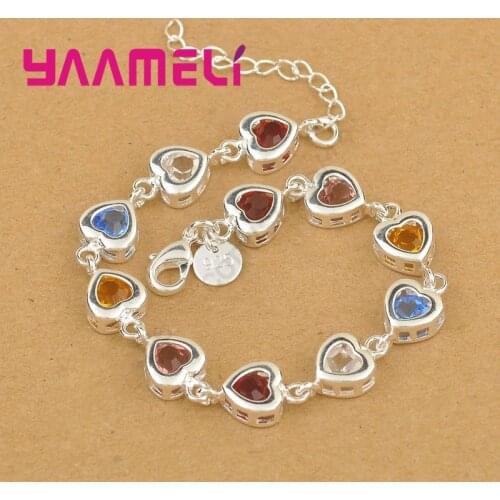 Sweet Valentines Gifts Shining 925 Sterling Silver Multicolor Cubic Zircon Stone Heart Charms Women Ladies Bracelet HOT