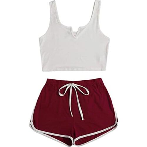 2021 Fashion Trend Women 2PCS Nightwear Set White U-shaped Collar Sleeveless Tops Wine Red Shorts Sportswear Summer Outfits