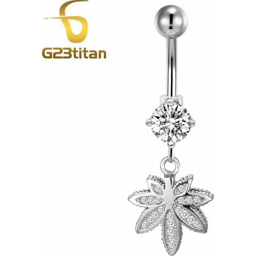 Boho Style Belly Button Ring Maple Leaf Crystal Pendant Navel Ring Womens Beach Jewelry G23Titanium14G Piercing Nombril Chain