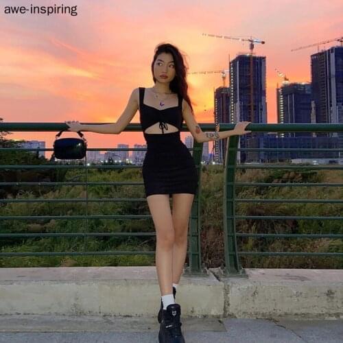 Women Spaghetti Strap Mini Dress Spring Summer Hollow Out Sleeveless Slim Dresses 2021 Lady Casual Sexy Black Mujer