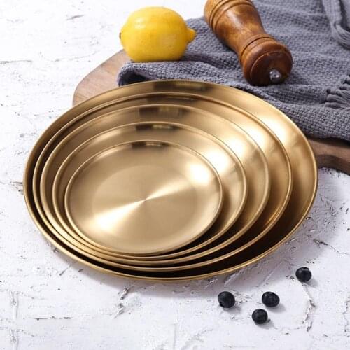1Pcs Gold Stainless Steel Round Plate Tray Dinner Dishes Food Snacks Steak Fish Plate Eco-friendly Tableware for Kitchen Hotel