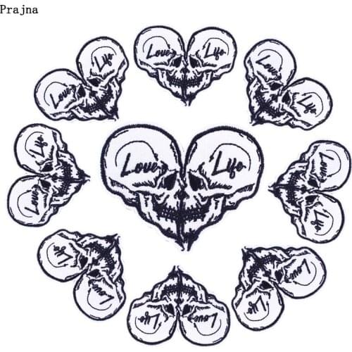 Prajna 10 PCS Wholesale Iron On Patches Love Heart Skull Embroidered Patches For Clothing Punk Skull Badges Patches On Clothes