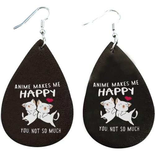 2021 New Fuax Leather Earrings-Anime Lover Cat Happy Japan Feline Art Heart Earrings
