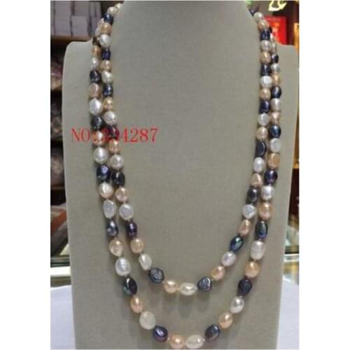 8-9mm White Pink black Baroque Freshwater Pearl Necklace 50" Long sweater chain