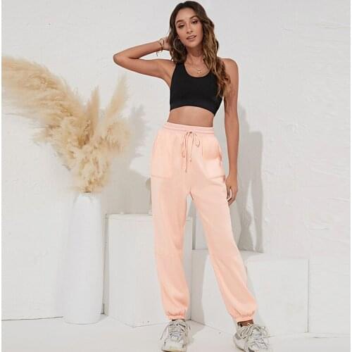Autumn Winter New High Waist Simple Casual Sport Trousers Fashion Korean Women Solid Color Pocket Drawstring Cargo Pants Female