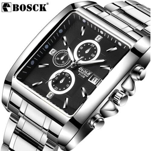 BOSCK men Square Dial Watch Mens Steel Rubber Strap Sports Quartz Watch Male Luminous Waterproof Wristwatch Relogio Masculino