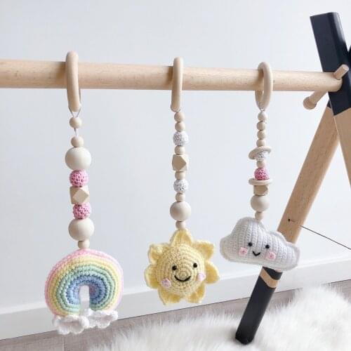 1Set Baby Gym Wood Crochet Cloud Sun Teething Toy Play Gym Set Baby Shower Gift Toys For Newborn Kids Room Hanging Pendant Decor