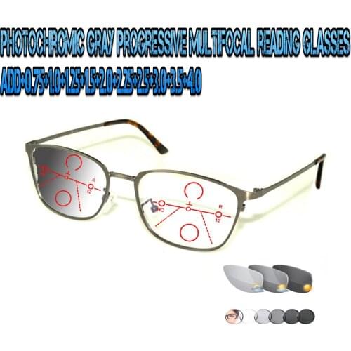 Photochromic Gray Progressive Multifocal Reading Glasses Ultralight Squared Large Size Metal Frame Fashion +0.75 To +4.0
