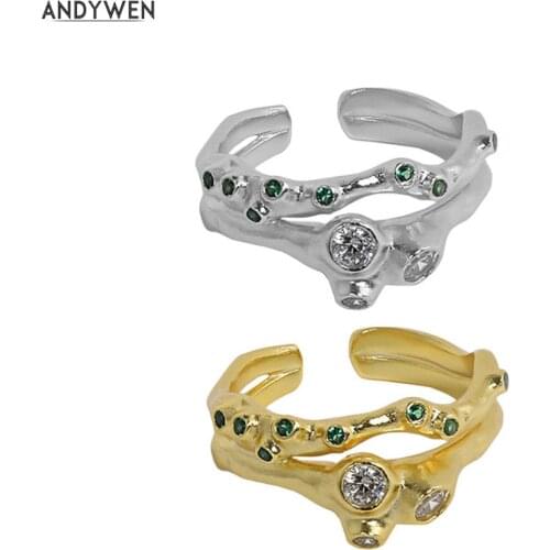 ANDYWEN 925 Sterling Silver Gold Green CZ Zircon Crystal Rainbow Resizable Rings Women Luxury Jewelry 2021 Party Geometric