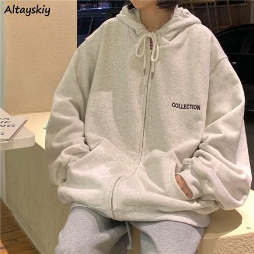 Basic Jackets Hooded Loose Oversize Plus Velvet Letter Embroidery Thicker Coats Womens Casual Outewear High Quality Autumn Tops