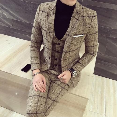 No vest ( Jackets + Pants ) Groom Wedding Dress Plaid Formal Suits 2 Pcs Set Mens Boutique Wool Business Suit Stage Party Dress