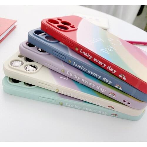 Square Liquid Silicone Rainbow Smiley Phone Case For iPhone 12 11 Pro XS MAX X XR 8 7 6s Plus SE 2020 Ultra-Thin Soft Cover Case