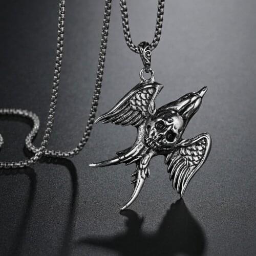 Fashion Vintage Swallow Flying Birds Skull Animal Pendant Long Link Chain Necklace Metal Men Jewelry Nordic Talisman