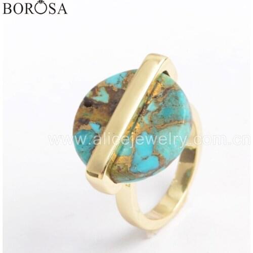 BOROSA New Arrival Gold Plating 19mm Round Natural Copper Turquoises Ring Gold Line Turquoises Design Rings Gems Jewelry ZG0380