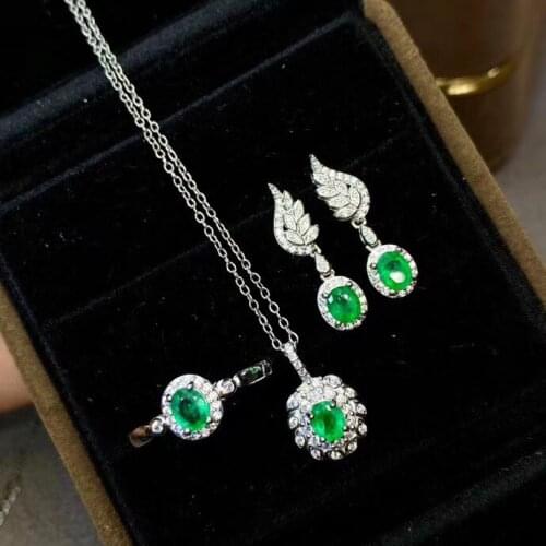 New Luxury Natural Real Emerald Set 925 Sterling Silver 1pc Emerald Ring,2pcs Emerald Earring,1pc Emerald Pendant