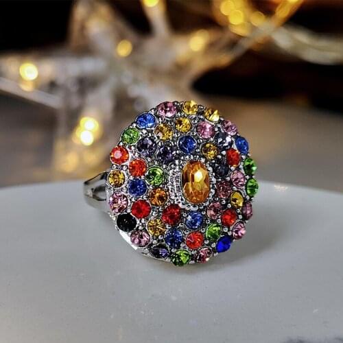 New Luxury Christmas Night Star Ring Romantic Colored Rhinestone Flower Ring for Women Lady Anniversary Gift Jewelry Wholesale
