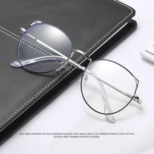 2021 New Fashion Cat Ear Reading Glasses Anti-blue Light Flat Mirror Female Cute Cat Eye Myopia Girl Finished Myopia Glasses