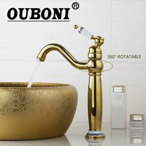 OUBONI Tall Polished Golden Bathroom Faucet Swivel 360 Ceramic Single Handle Kitchen Torneira Cozinha Sink Tap Mixer Faucet