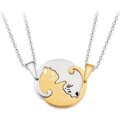 Fashion Cute His and Her Couples Necklaces Beloved Pet Cat Pendant Stainless Steel Yellow Black Silver Color O Chain 20"
