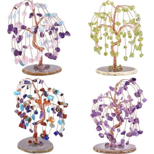 TUMBEELLUWA Healing Crystal Money Tree Tumbled Stone Ornaments with Agate Slice Base , Wealth Lucky Feng Shui Home Office Decor