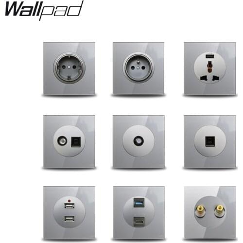 Wallpad L6 Grey Glass EU French UK Wall Power Socket Universal TV Antenna Computer Data Double RJ45 Outlet