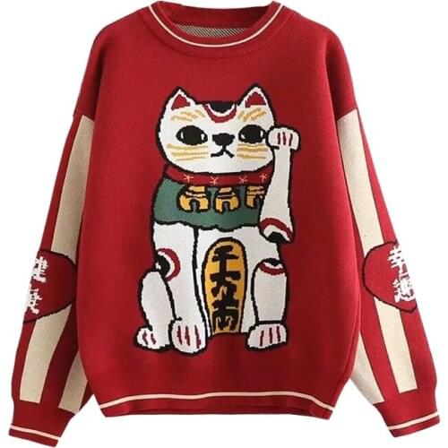 XUANHAO Women Cartoon Lucky Cat Embroidery Red Sweaters Harajuku Kawaii Knitted Pullover Winter Long Sleeve O-Neck Sweater