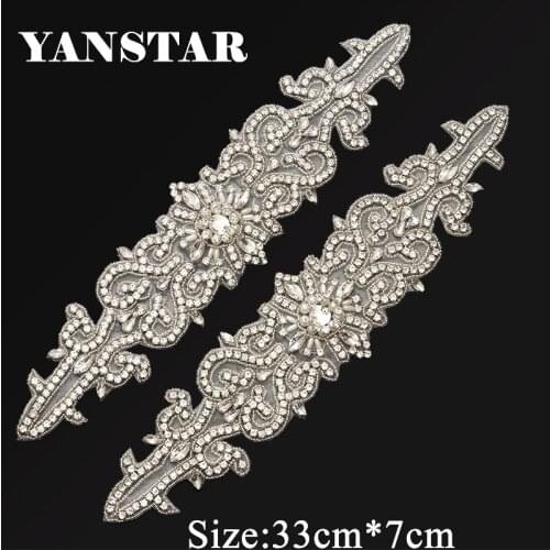 YANSTAR(1PCS) Bridal Sash Rhinestone Applique Crystal Silver For Wedding Dresses Belt Iron On YS940