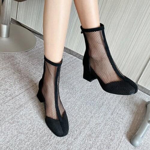 Women Mesh Shoes Ankle Booties Summer Boots Back Zipper Mesh Botas Mujer Brand Design Botines Square High Heel Female Shoes31-43