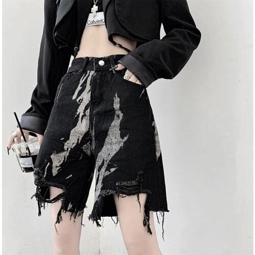 Varofi Large size cool summer tie-dye jeans 5 cent loose high waist wide leg pants straight leg shorts for women mom jeans