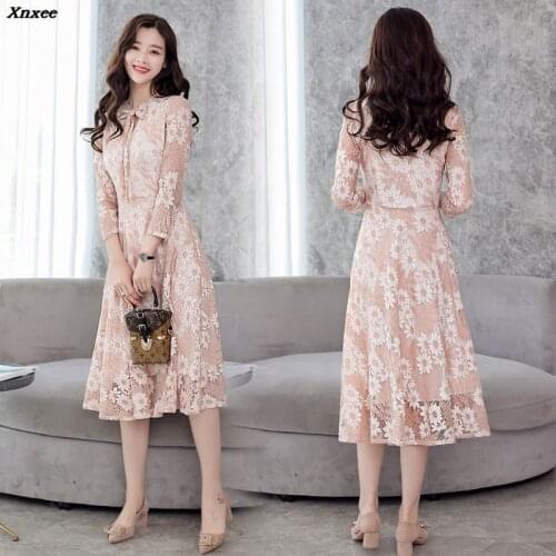 Spring Autumn Lace Dress Work Casual Slim Fashion O-neck Sexy Hollow Out Dresses Women Long Sleeve A-line Vintage Vestidos Xnxee