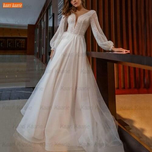 Sexy Long Sleeves Wedding Dress 2021 Boho Robe De Mariée V Neck Bohemian Tulle A Line Bridal Gowns Custom Made Vestido De Novia
